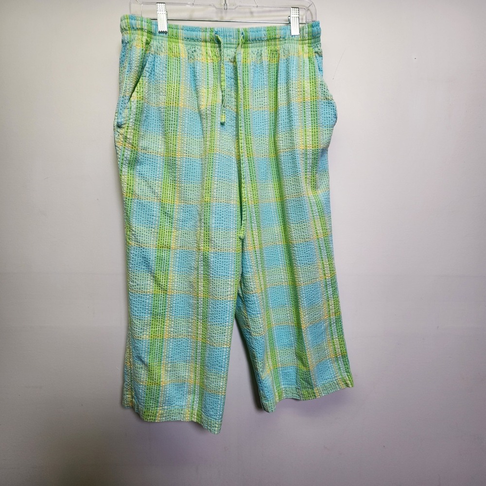 Erika Women's Blue Plaid Seersucker Capri Pants Large Pull On Elastic Drawstring